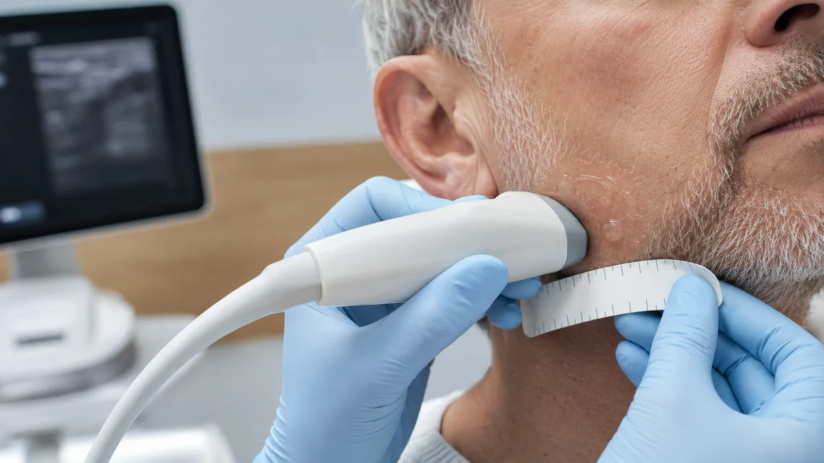 Transdutor de ultrassom aplicado à pele durante exame dermatológico em consultório