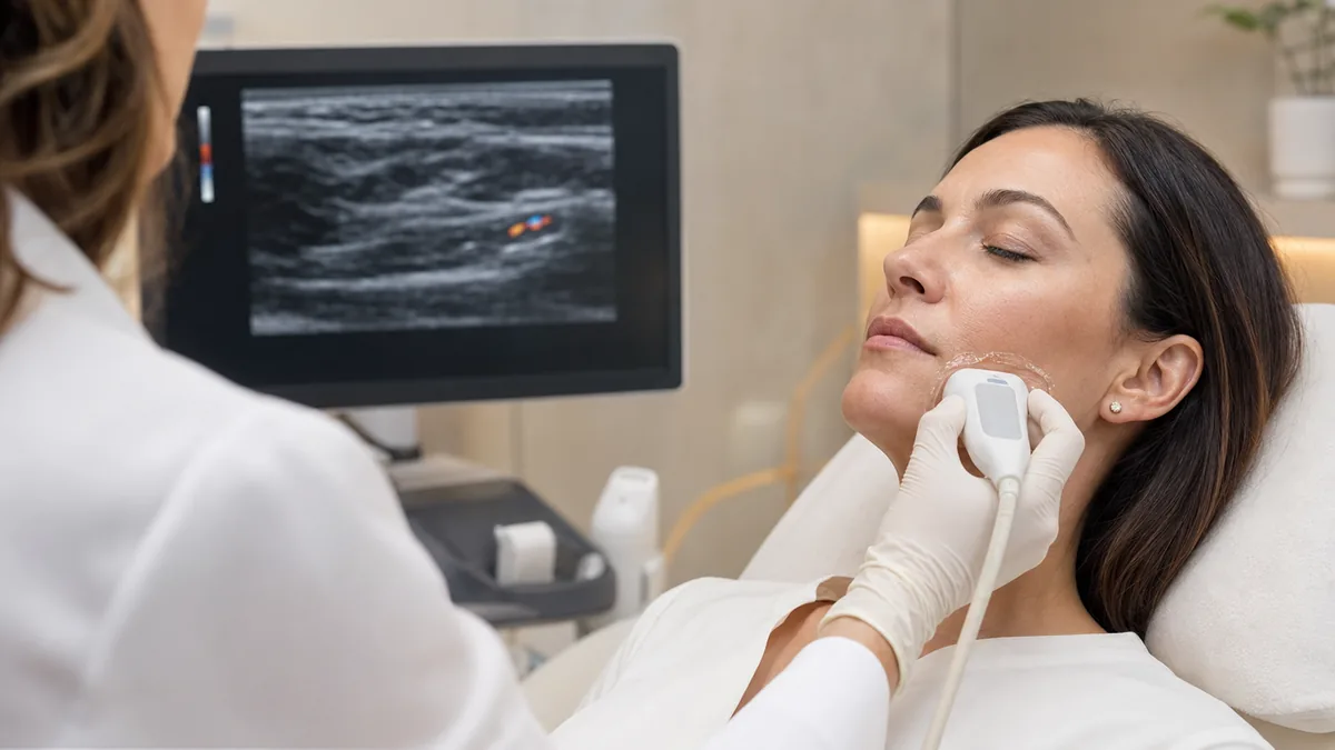Transdutor de ultrassom aplicado à face de uma paciente durante mapeamento facial em consultório
