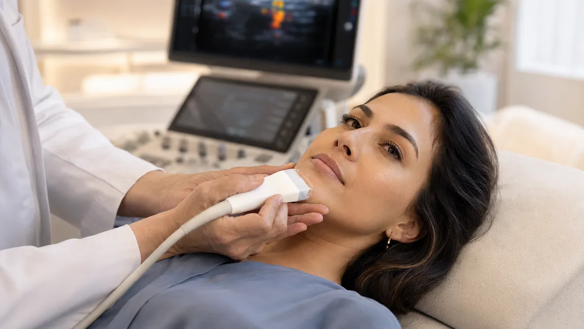 Transdutor de ultrassom deslizando sobre a face de uma paciente durante mapeamento facial em consultório
