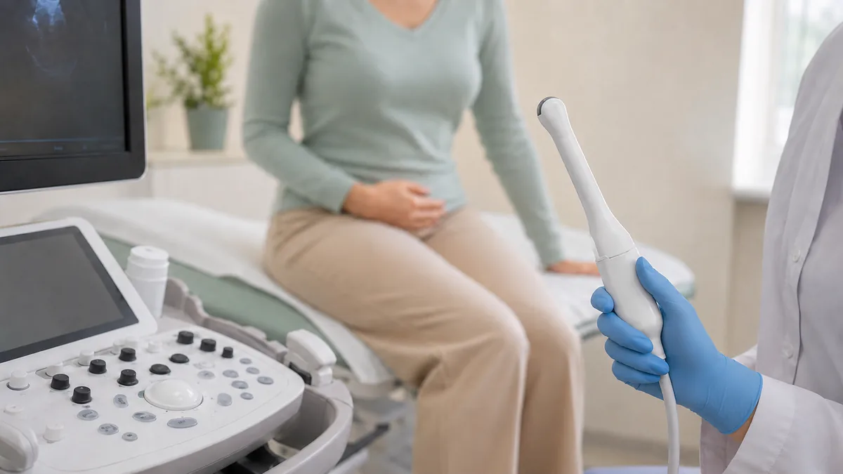 Equipamento de ultrassonografia em consultório médico preparado para a realização de exame