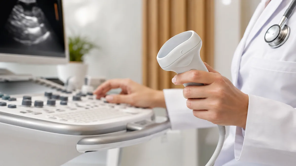 Profissional de saúde realiza ultrassom na perna de uma paciente durante avaliação em consultório