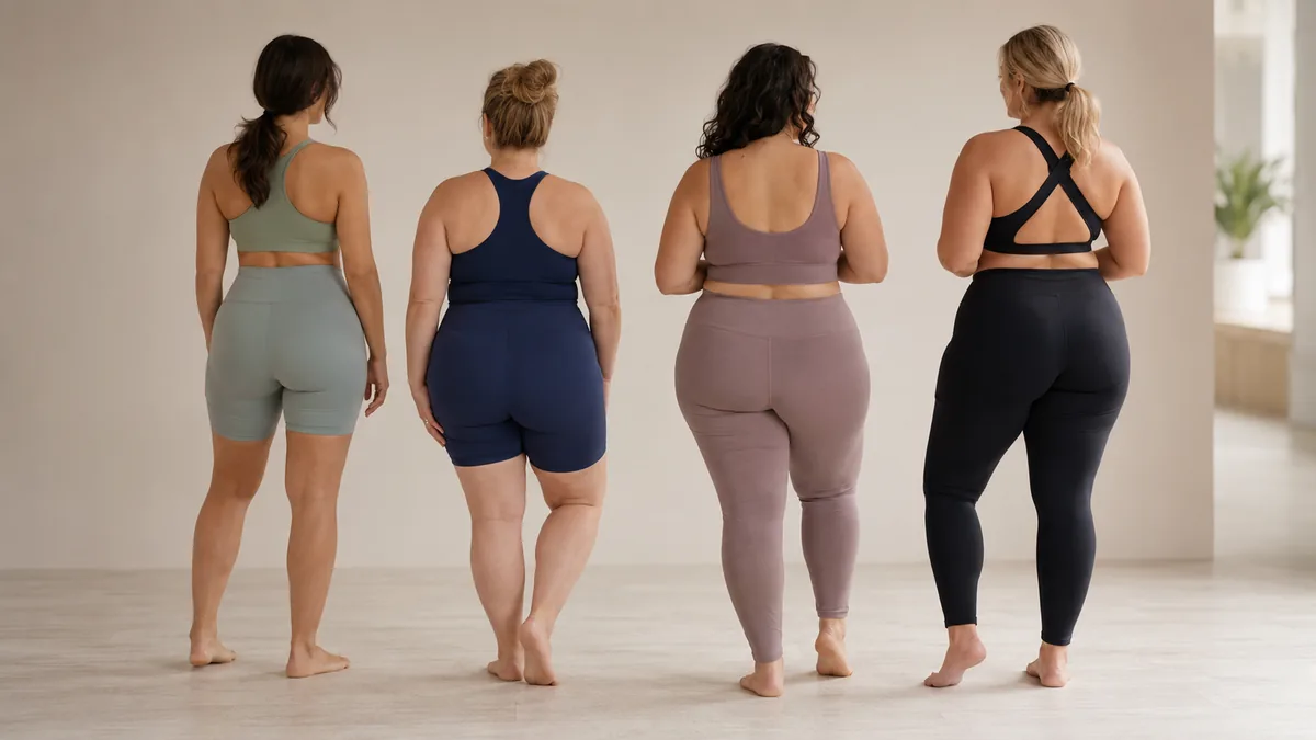 Quatro mulheres de costas, em roupas de atividade física, com diferentes proporções corporais entre tronco e pernas