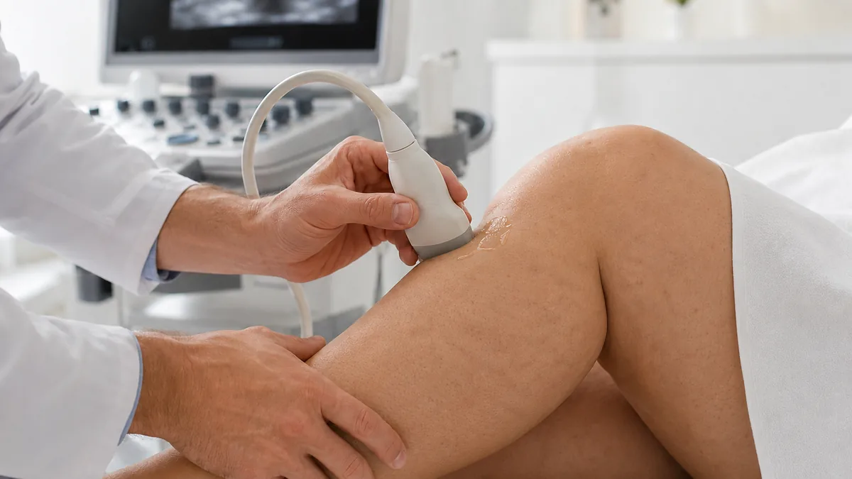 Profissional realiza ultrassom na perna de uma paciente, com aplicação de gel e transdutor sobre a pele
