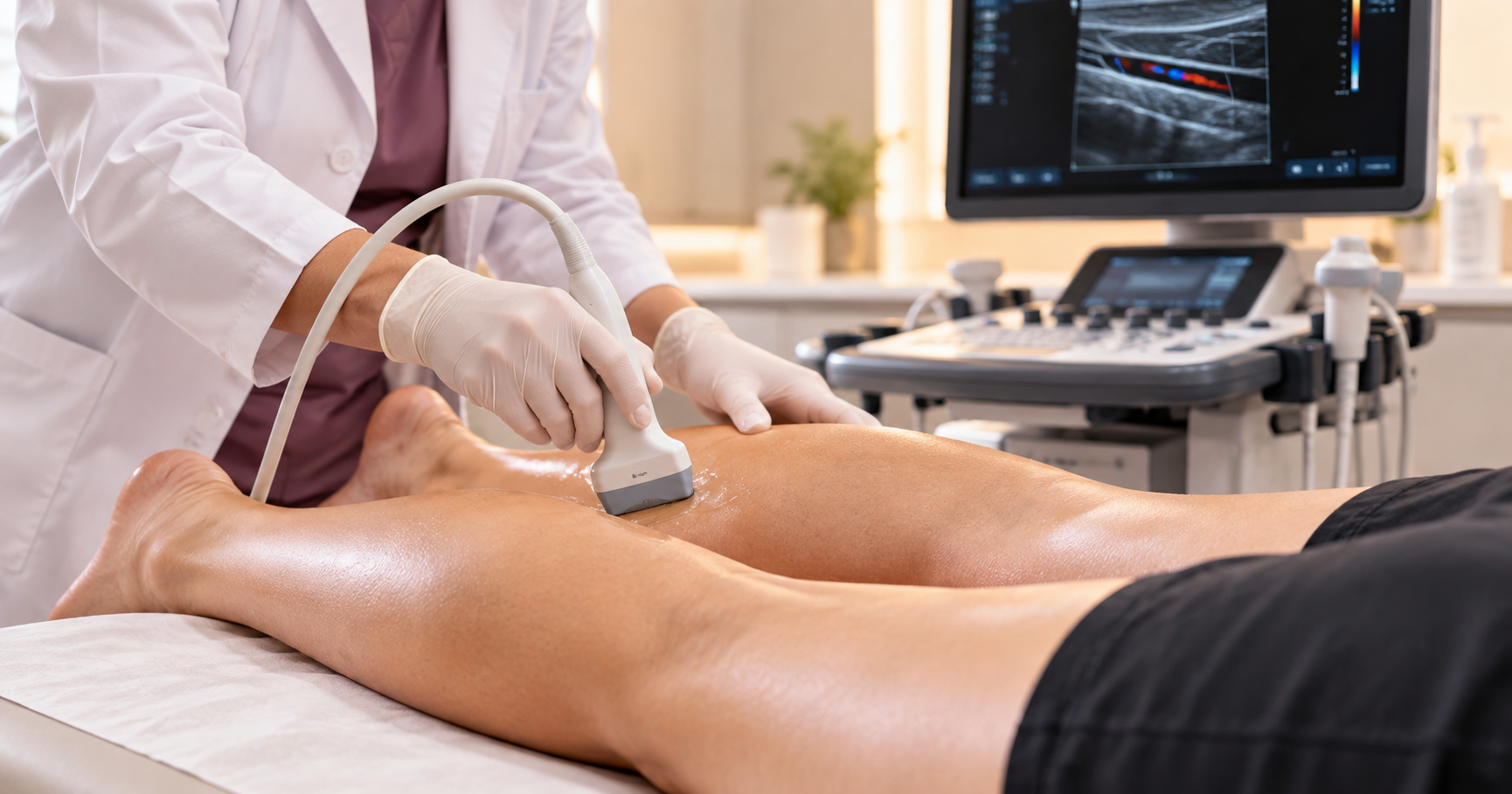 Profissional realiza Doppler venoso das pernas em paciente no consultório