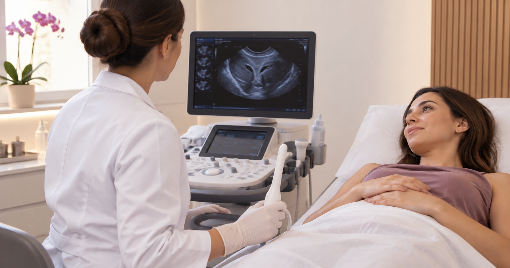Mulher em consulta antes de ultrassom transvaginal para endometriose