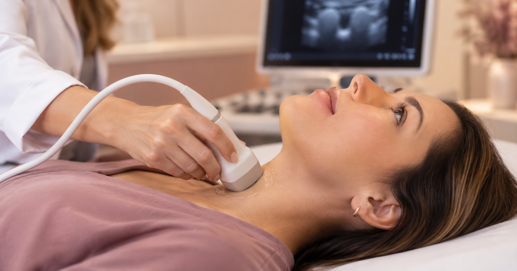 Profissional realiza ultrassom da tireoide em paciente em ambiente clínico