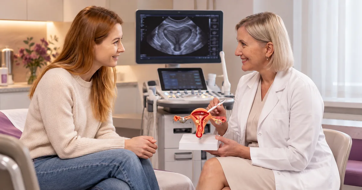 Profissional realiza ultrassonografia para adenomiose durante avaliação uterina em consultório.