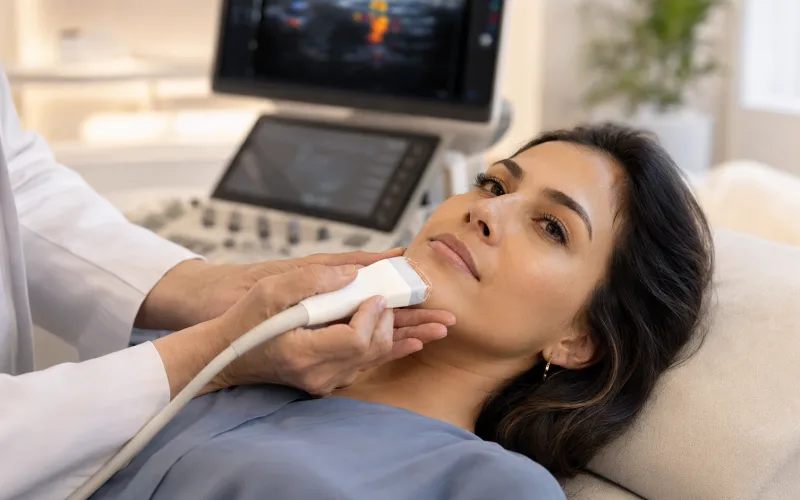 Transdutor de ultrassom aplicado à face de um paciente durante exame dermatológico