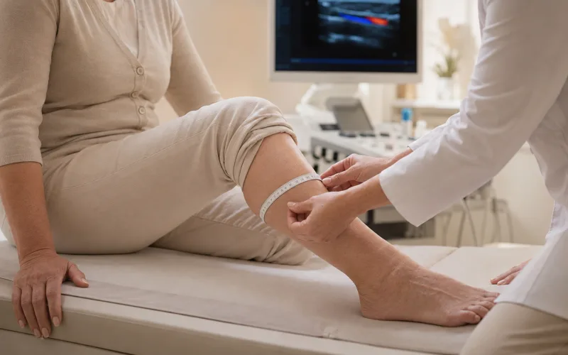 Avaliação da perna de uma paciente com fita métrica durante exame de ultrassom para lipedema