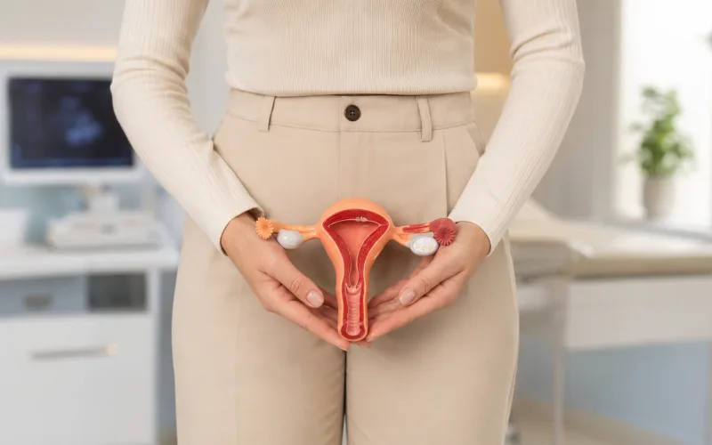 Modelo anatômico do útero nas mãos de uma paciente, representando a investigação de endometriose